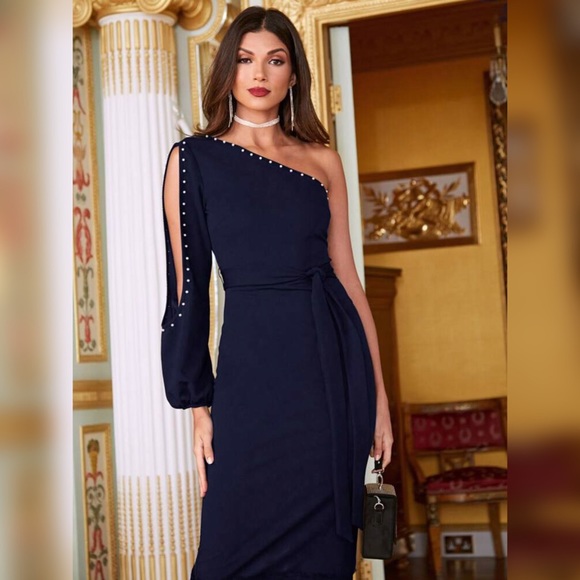 ONE SHOULDER, PEARL DESIGN, LACE HEM MIDI  DRESS - Picture 4 of 9